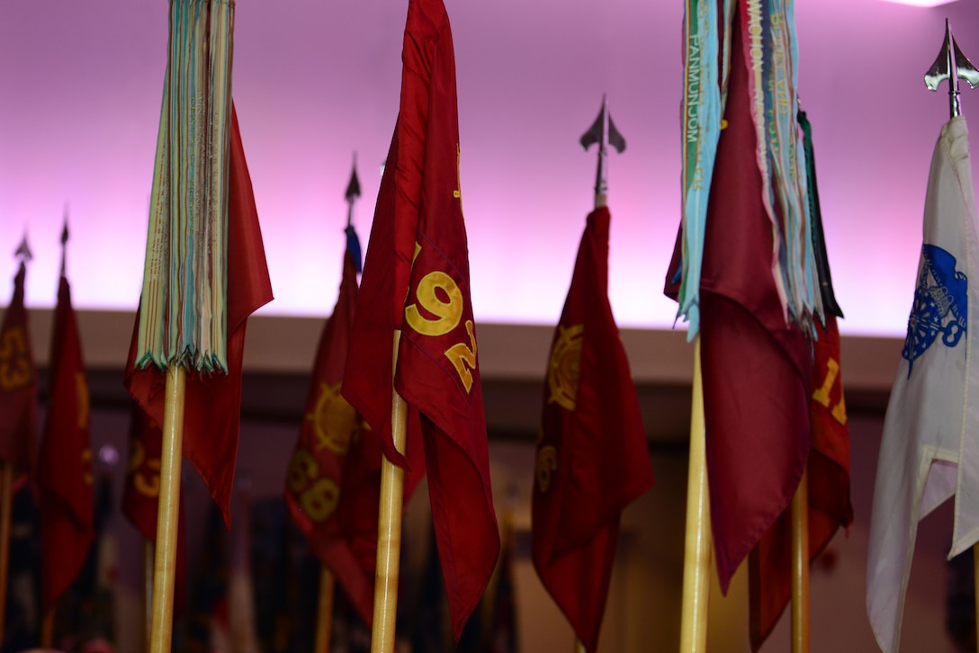 Guidons representing different units within the U.S. Army Transportation Corps stand during at the Hall of Fame ceremony at Fort Eustis, Va., July 30, 2015. To be inducted into the Hall of Fame, each nominee’s individual record of performance and significant contributions are reviewed by a selection board which consists of four nominative categories, officer, warrant officer, noncommissioned officer and department of the Army civilians. (U.S. Air Force photo by Senior Airman Kimberly Nagle/Released)