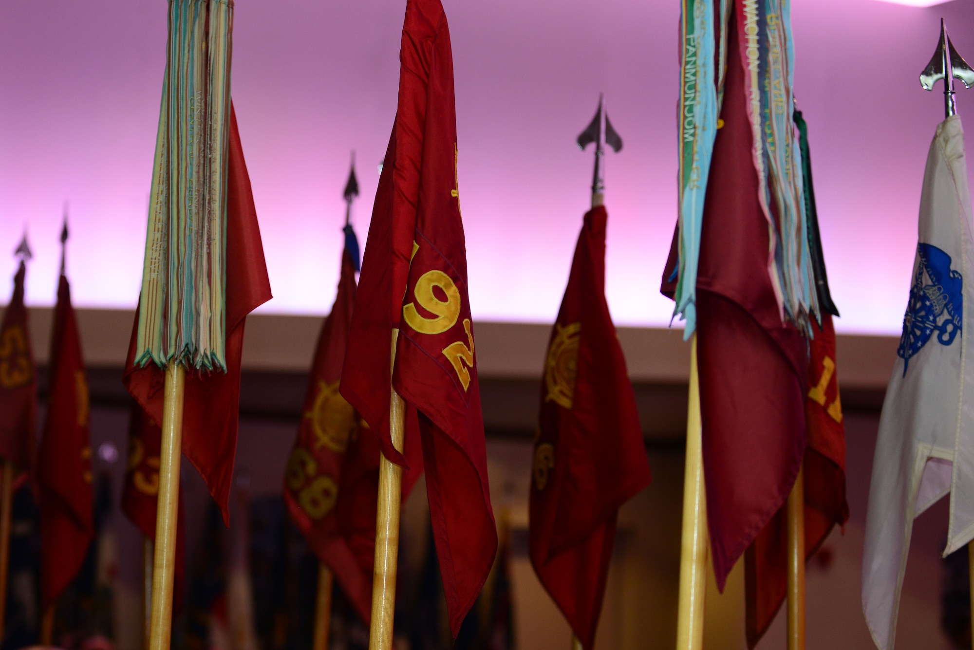 Guidons representing different units within the U.S. Army Transportation Corps stand during at the Hall of Fame ceremony at Fort Eustis, Va., July 30, 2015. To be inducted into the Hall of Fame, each nominee’s individual record of performance and significant contributions are reviewed by a selection board which consists of four nominative categories, officer, warrant officer, noncommissioned officer and department of the Army civilians. (U.S. Air Force photo by Senior Airman Kimberly Nagle/Released)
