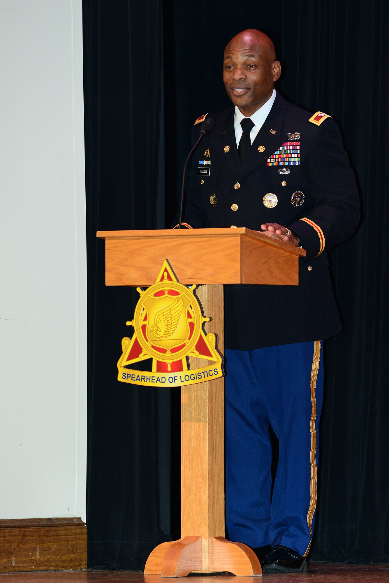 U.S. Army Col. Michel Russell Sr., U.S. Army Transportation Corps chief, speaks during a Transportation Corps Hall of Fame induction ceremony at Fort Eustis, Va., July 30, 2015. Russell helped induct six new members into the Hall of Fame during the event. (U.S. Air Force photo by Senior Airman Kimberly Nagle/Released)