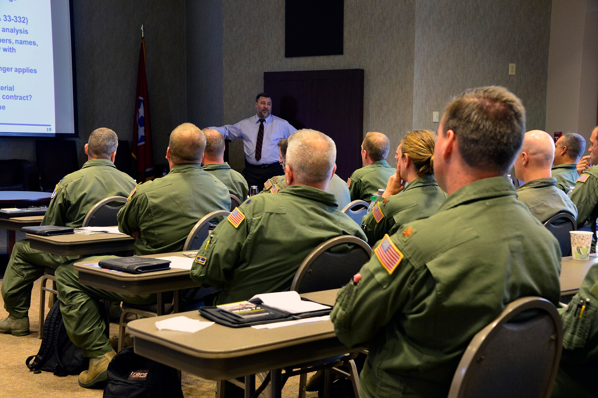 MCGHEE TYSON AIR NATIONAL GUARD BASE, Tenn. - Air National Guard and Air Force Reserve Command officers and safety experts attend a lesson at the I.G. Brown Training and Education Center's campus here August 4, 2015, during the four-day Air Reserve Component Chief of Safety Course. (U.S. Air National Guard photo by Master Sgt. Mike R. Smith/Released)
