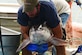 Matt Balazik, Virginia Commonwealth University Rice River Center researcher, places a sturgeon into a bin filled with water at Fort Eustis, Va., July 28, 2015. The sturgeon was caught after Balazik and his team placed gill nets into the James River as part of a research project. (U.S. Air Force photo by Senior Airman Kimberly Nagle/Released)  