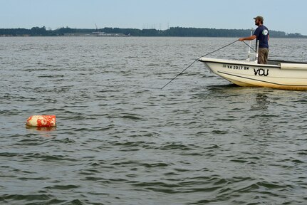 Matt Balazik, Virginia Commonwealth University Rice River Center researcher, reels out a gill net at Fort Eustis, Va., July 28, 2015. The gill net is designed to catch sturgeons in an effort to track their spawning habits. (U.S. Air Force photo by Senior Airman Kimberly Nagle/Released)  