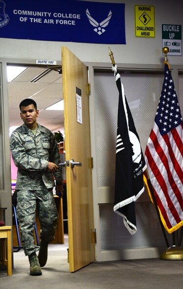 Staff Sgt. Guerddy Espinoza, First Term Airman Center NCO in charge, finishing his last week as NCOIC with an FTAC class, July 17, 2015, at Malmstrom Air Force Base, Mont. Espinoza exemplifies the Air Force core values and will be missed at FTAC. (U.S. Air Force photo/Airman 1st Class Magen M. Reeves)