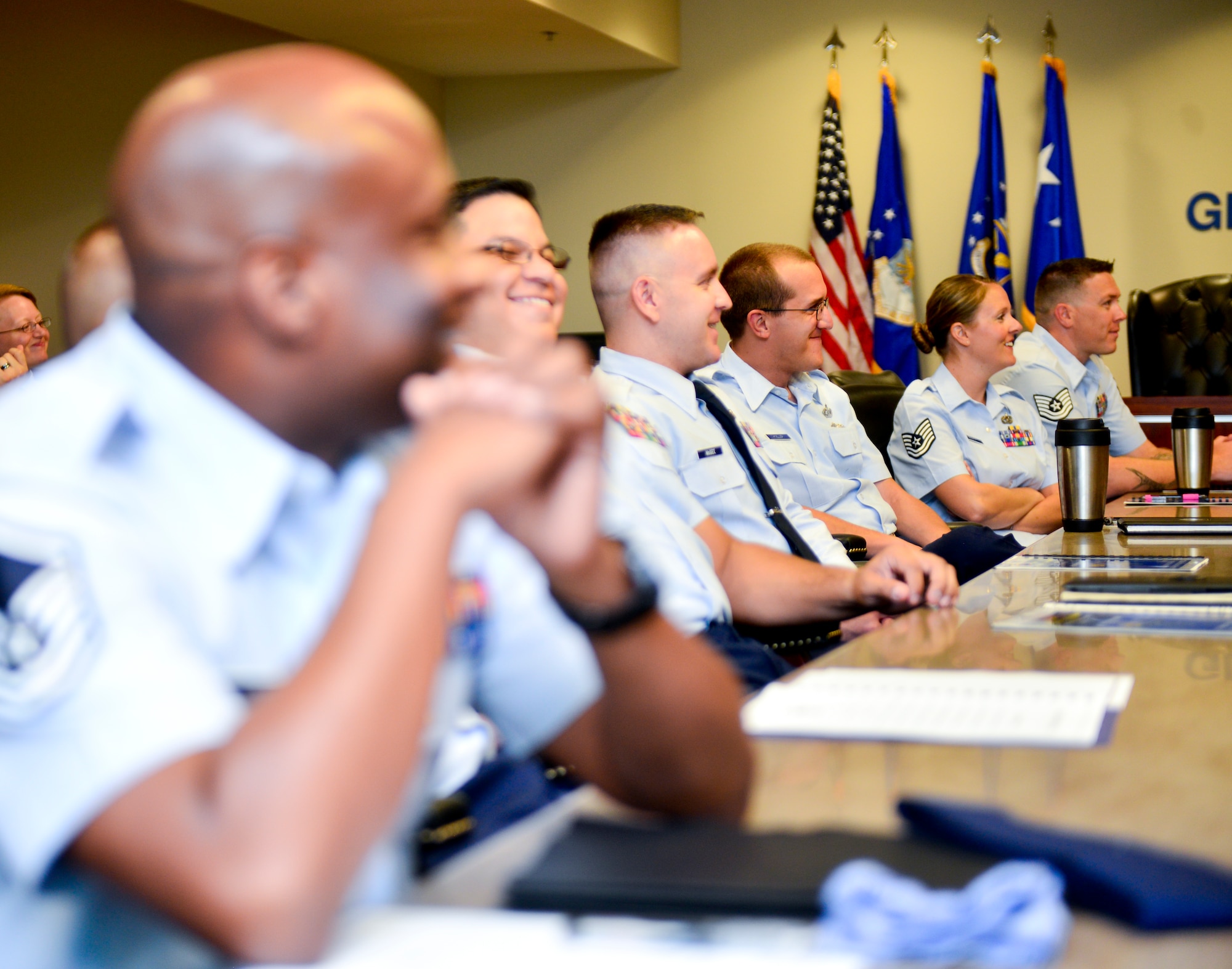 Current and future senior NCOs participate in the First Sergeant Symposium held at Barksdale Air Force Base, La., July 29, 2015. The symposium provided candidates with information such as what is expected from a first sergeant, what their duties are and what it takes to accomplish those duties. (U.S. Air Force photo/Airman 1st Class Mozer O. Da Cunha) 