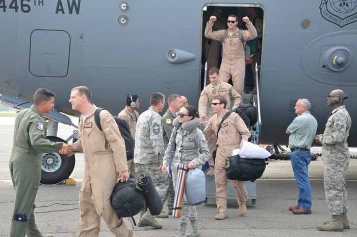 Joint Base Charleston Wing leadership greets members of the 14th AS returning from their deployment to South West Asia.
