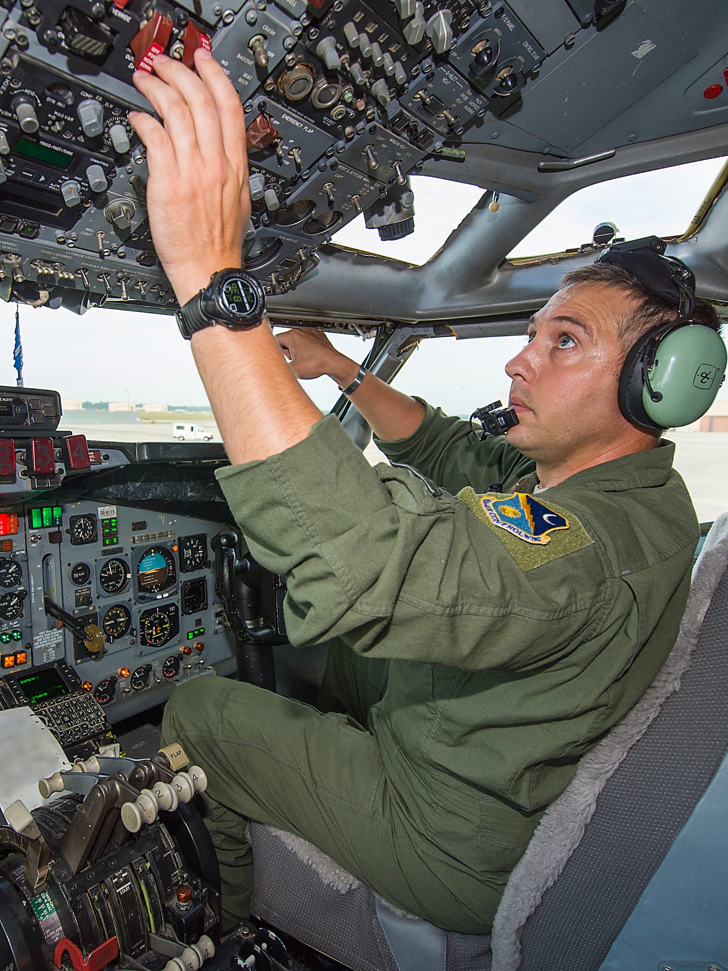 U.S. Air Force Tech. Sgt. Josh Barker, a flight engineer with the 12th Airborne Command and Control Squadron, performs a pre-flight on an E-8C Joint STARS in preparation for a mission during the Northern Strike 2015 combat exercise, Robins Air Force Base, Ga., July 29, 2015. Team JSTARS joined military forces from more than 20 states and four coalition countries for the exercise hosted by the Michigan National Guard. Working with a liaison officer from the 116th Air Control Wing (ACW), Georgia Air National Guard, deployed to the exercise headquarters in Michigan, aircrews flying out of Robins Air Force Base from the 461st ACW and the Army  JSTARS provided real-time tracking information to air and ground forces helping them to find and identify enemy forces played by exercise participants. (U.S. Air National Guard photo by Senior Master Sgt. Roger Parsons/Released) (Portions of the photo have been blurred for security purposes)


