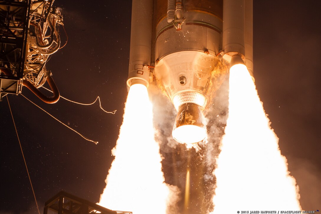 The U.S. Air Force's 45th Space Wing successfully launched a United Launch Alliance-built Delta IV rocket at 8:07 p.m. EDT from Space Launch Complex 37B carrying the seventh Wideband Global Satcom (WGS) satellite, July 23, 2015. (Photo by Jason Rhian)

