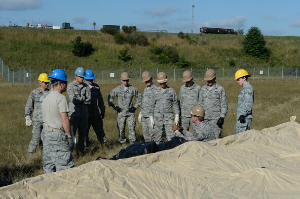 U.S. Air Force Airmen from the 606th Air Control Squadron learn how to build a tent during mobile deployment training July 30, 2015, at Spangdahlem Air Base, Germany. This specific training aims to ensure the 606th ACS can load their equipment, transport it to austere locations and build work centers from the ground up to accomplish the mission. (U.S. Air Force photo by Senior Airman Dylan Nuckolls/Released)