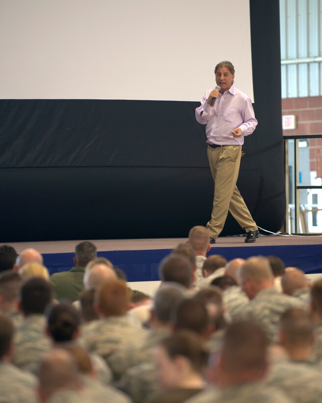 Simon Weinberg, co-owner of Big Voice pictures, speaks at the 167th Airlift Wing in Martinsburg, W.Va., Aug 1. Mr. Weinberg is a motivational speaker and co-producer of the film Boys and Men healing, which was presented to the airmen at the 167th, and addresses the issue of male victimization. Mr. Weinberg presented his film and spoke to the airmen as part of their Sexual Assault Prevention and Response training. (Air National Guard photo by Tech. Sgt. Michael Dickson/released)