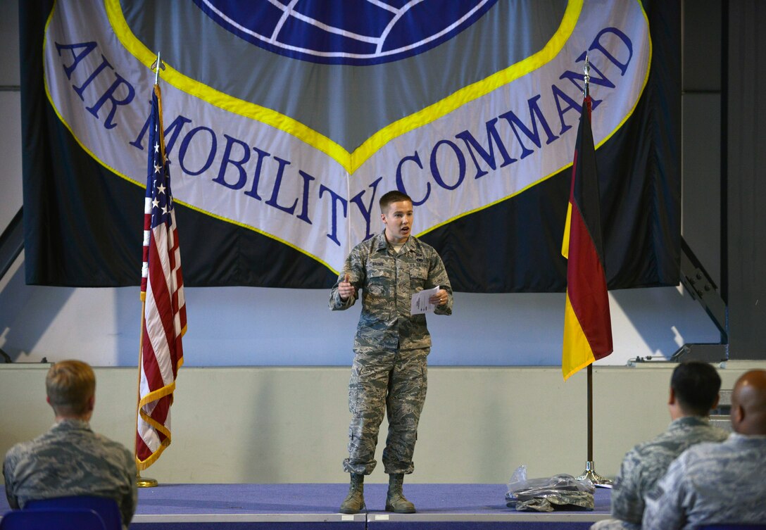First Lt. Douglas Brown, 721st Aerial Port Squadron Air Terminal Operations flight commander, briefs Airmen prior to the beginning of the 2015 Ramstein Air Base Rodeo Aug. 1, 2015, at Ramstein Air Base, Germany.  The event is a competition aimed at showcasing the skills of the air transportation career field. (U.S. Air Force photo/Staff Sgt. Sharida Jackson)