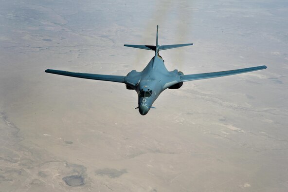 A U.S. Air Force B-1B Lancer from the 34th Expeditionary Bomb Squadron prepares to depart after refueling over Southwest Asia in support of Operation Inherent Resolve, July 23, 2015. OIR is the military intervention against Daesh. (U.S. Air Force photo by Staff Sgt. Sandra Welch)