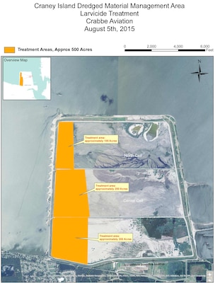 Norfolk District, U.S. Army Corps of Engineers, and the city of Portsmouth, Virginia, will conduct joint aerial mosquito spraying Tuesday, Oct. 13, over federal property at Craney Island Dredged Material Management Area, adjacent city properties, and the Churchland area of Portsmouth.