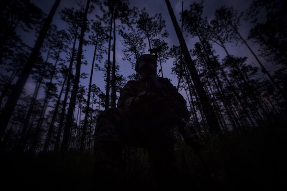 Senior Airman Daniel Willens, 1st Special Operations Security Forces Squadron deployed aircraft ground response element team member, provides security during a task force exercise on Eglin Range Complex, Fla., July 27, 2015. Exercise scenarios included downed aircraft site security and armed escort. Through the scenarios, DAGRE was able to accomplish multiple training objectives including close quarters combat, small unit tactics, flight deck denial, fly away security, close air support, casualty evacuation and more. (U.S. Air Force photo by Senior Christopher Callaway)