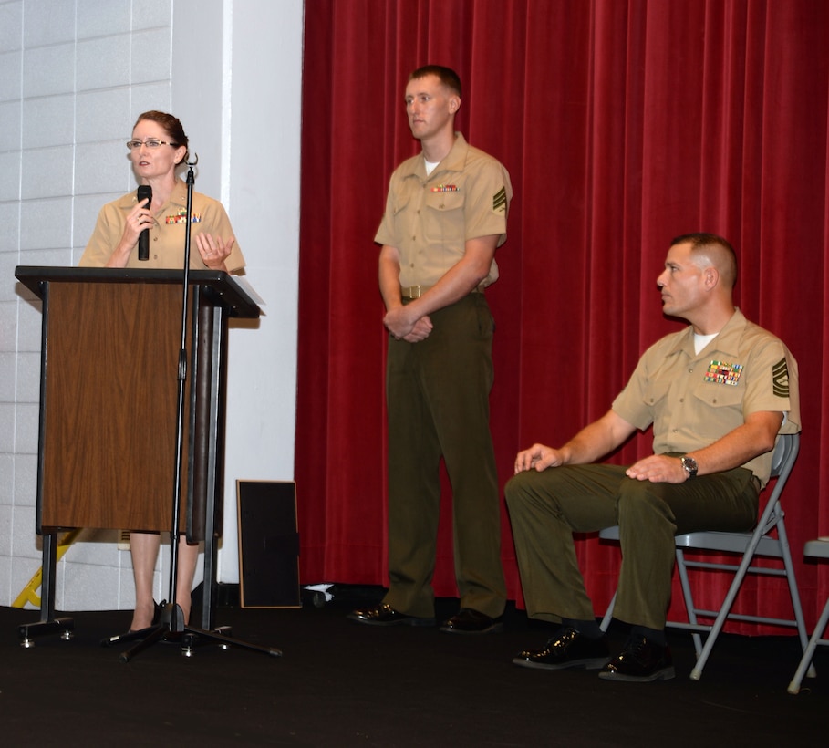 Marine reservist, Lt. Col. Kerry Mengelkoch, executive officer, Combat Logistics Regiment 4, Kansas City, Mo., gives comments to the young corporals graduating from the Corporal’s Course at a ceremony at the Base Theater, Marine Corps Logistics Base Albany, recently. Guest speaker for the graduation, Mengelkoch discussed the importance of the training and its value to the young NCOs' leadership abilities in the Corps.
