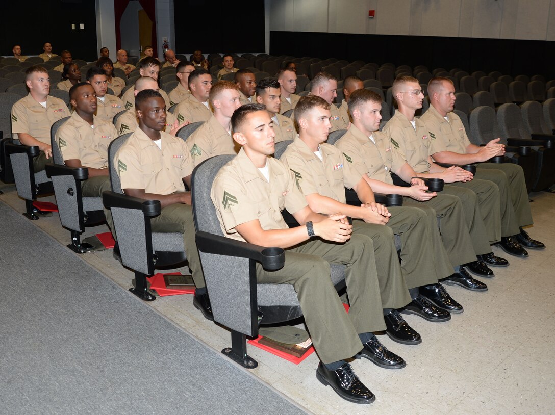 Marines taking the two-week Corporal's Course at Marine Corps Logistics Base Albany achieve rewards for reaching another milestone in their military careers. Twenty noncommissioned officers graduated in a ceremony held at the Base Theater, here, culminating the completion of the Professional Military Education course on leadership.
