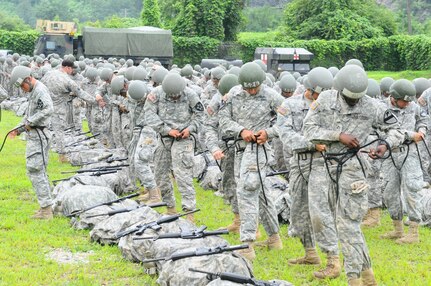 In this file photo, the air assault trainees prepare to perform their first descent from a rappel tower during phase three of U.S. Army Air Assault School mobile training team course July 24, 2015 at Camp Casey, South Korea. During this phase Soldiers are expected to become familiarized with basic ground and aircraft rappelling procedures. 