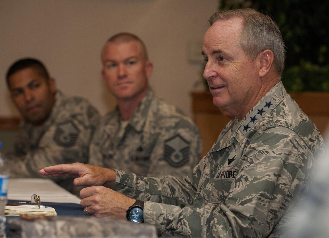 Air Force Chief of Staff Gen. Mark A. Welsh III talks with Airmen during a visit to Minot Air Force Base, N.D., Aug. 5, 2015. While visiting the base, Welsh met with 5th Bomb Wing and 91st Missile Wing maintainers, members of security force units and senior staff in an effort to gain perspective on the current status of the nuclear enterprise. (U.S. Air Force photo/Senior Airman Stephanie Morris)
