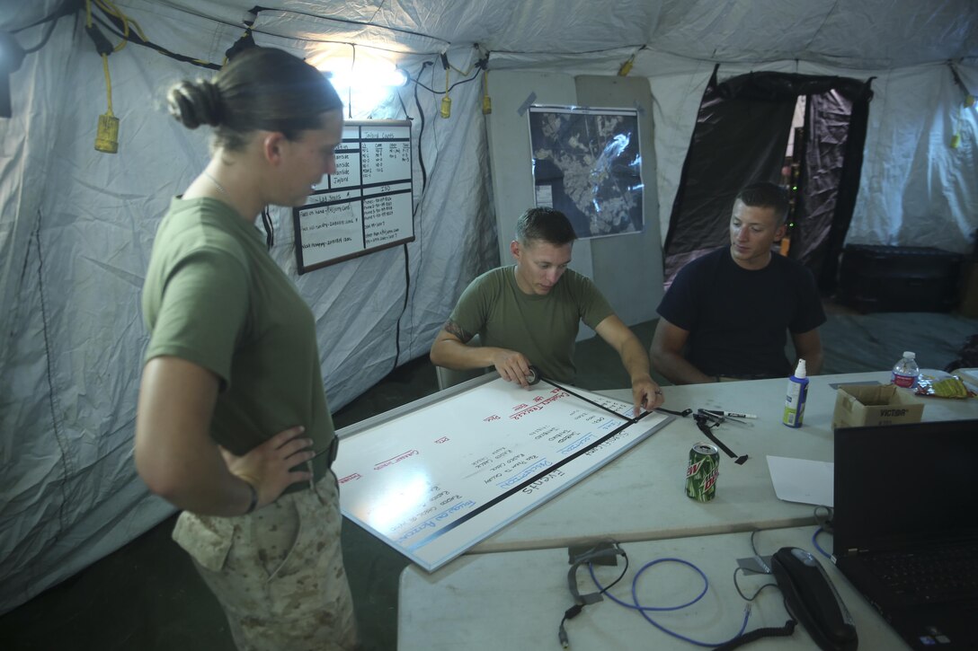 Service members with Communications Company, Combat Logistics Battalion 2 organize the significant events they expect to encounter during a preparatory command post exercise aboard Camp Lejeune, N.C., August 4, 2015. Marines with the company worked together to maintain a network by establishing a means of communication while preparing for an upcoming CPX. (U.S. Marine Corps photo by Lance Cpl. Aaron Fiala/Released)