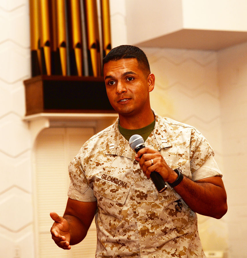 Capt. Cesar Gilcardona, logistics officer, takes the helm of Marine Corps Logistics Base Albany’s Headquarters and Support Company during a ceremony at the installation’s Chapel of the Good Shepherd, Aug. 6. Gilcardona replaced Capt. George McDonnell, deputy staff judge advocate. McDonnell handed Gilcardona the company’s colors signifying the change of command. Col. James C. Carroll III, commanding officer, MCLB Albany, welcomed Gilcardona to his new position and praised McDonnell’s achievements during his tenure as company commander.
