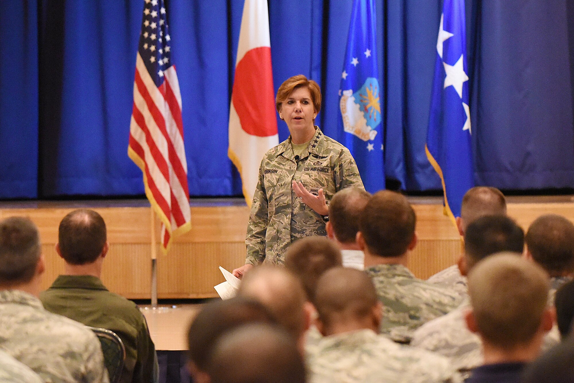 U.S. Air Force Gen. Lori Robinson, Pacific Air Forces commander, speaks to Airmen during an all-call at Misawa Air Base, Japan, Aug. 6, 2015. Robinson emphasized the importance Misawa has in the overall mission of rebalancing the Pacific, commended the base for its ability to mobilize at a moment’s notice and ”fight tonight,” and addressed other current Air Force issues like the enlisted stratification initiative. (U.S. Air Force photo by Senior Airman Patrick S. Ciccarone/Released)


