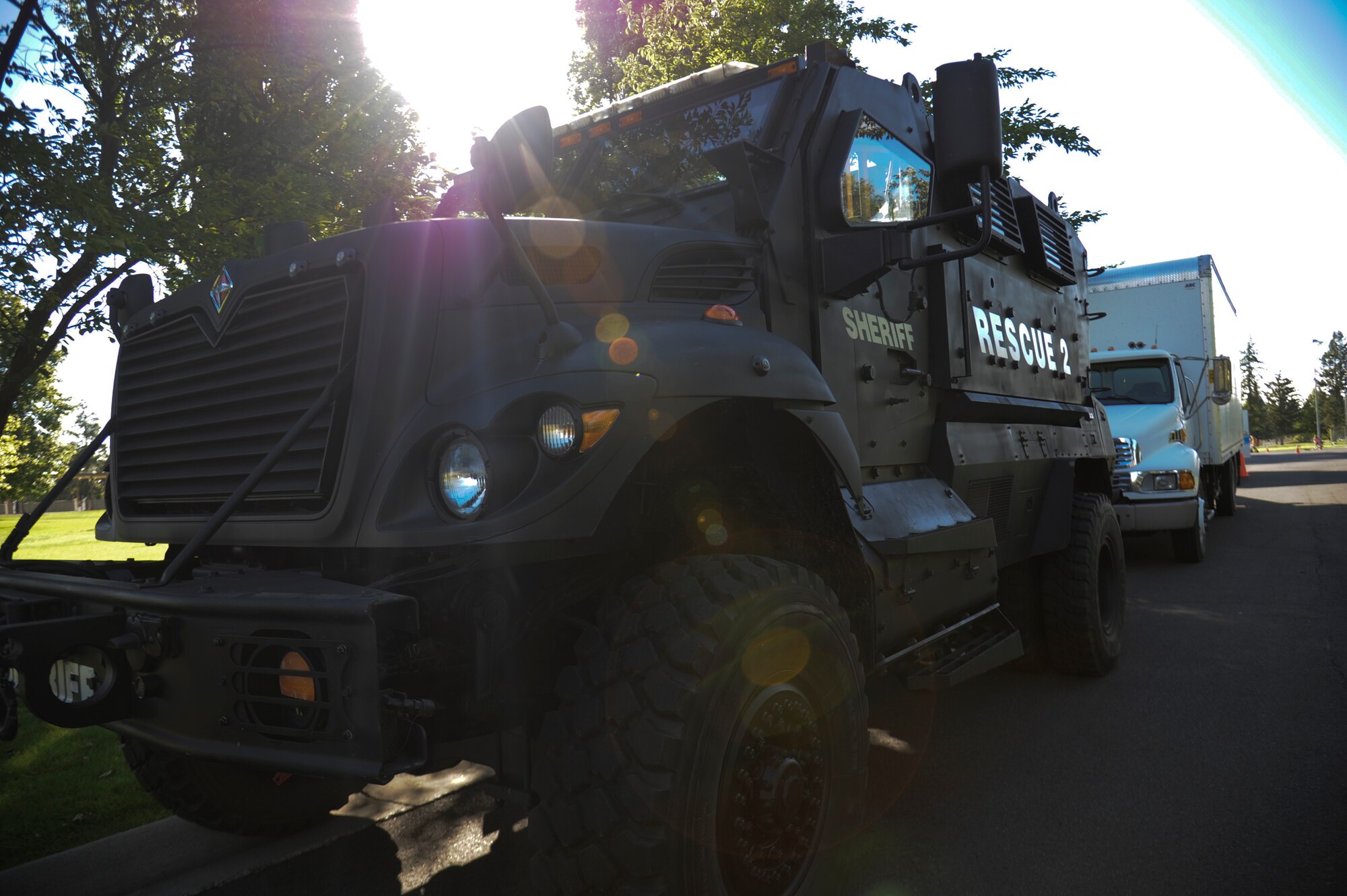 A Spokane County Sheriff’s armored vehicle was on display during the National Night Out event held at Miller Park Aug. 4, 2015, at Fairchild Air Force Base, Wash. Various stations and vehicle displays were available for Fairchild Airmen and families. (U.S. Air Force photo/Airman 1st Class Nicolo J. Daniello)