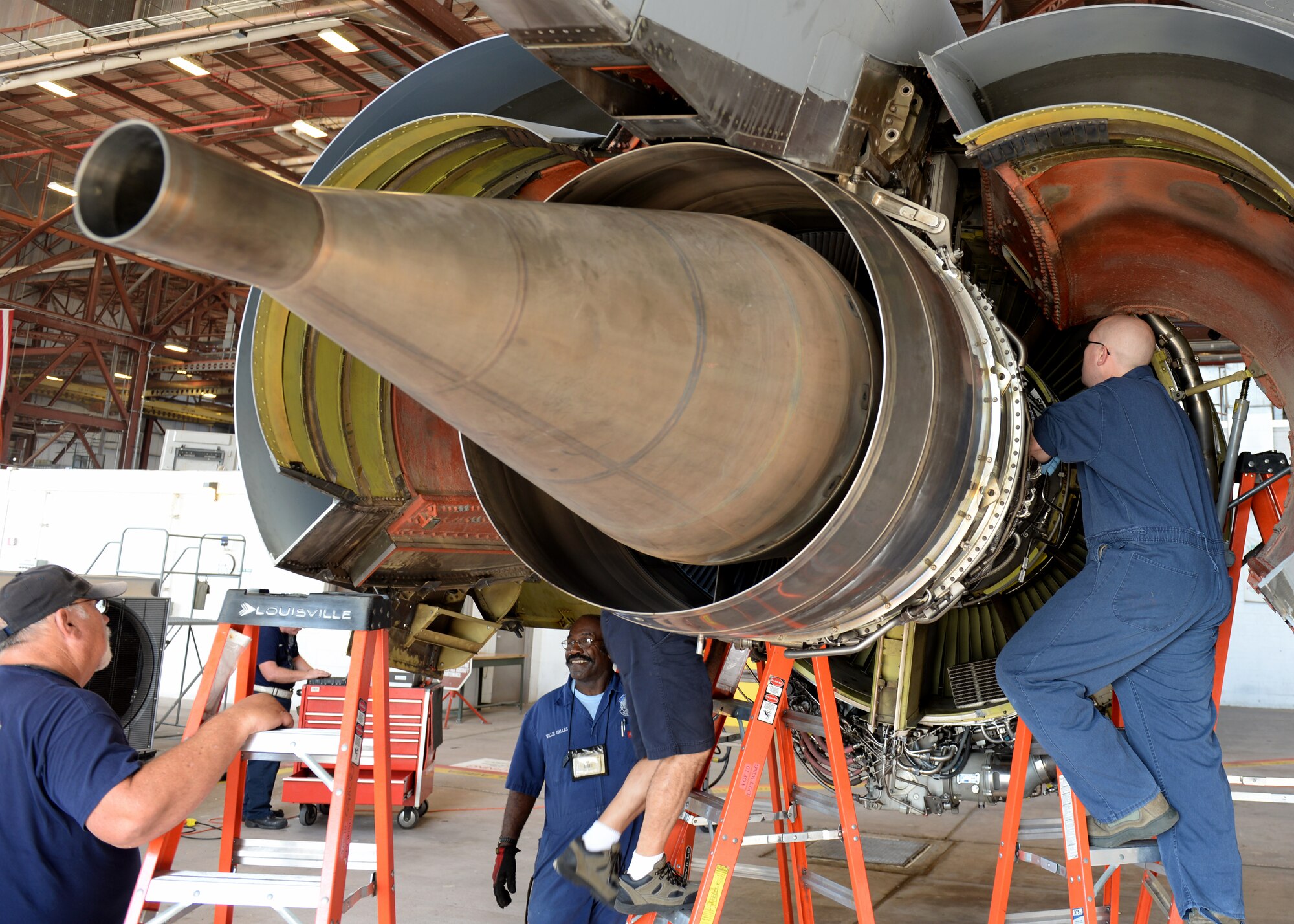 ALTUS AIR FORCE BASE, Okla. – The 97th Maintenance Directorate install a KC-135 Stratotanker refueling aircraft engine in Hangar 285, July 28,2015. An engine swap can take the team two to three days to complete. (U.S. Air Force photo by Airman 1st Class Kirby Turbak/Released)