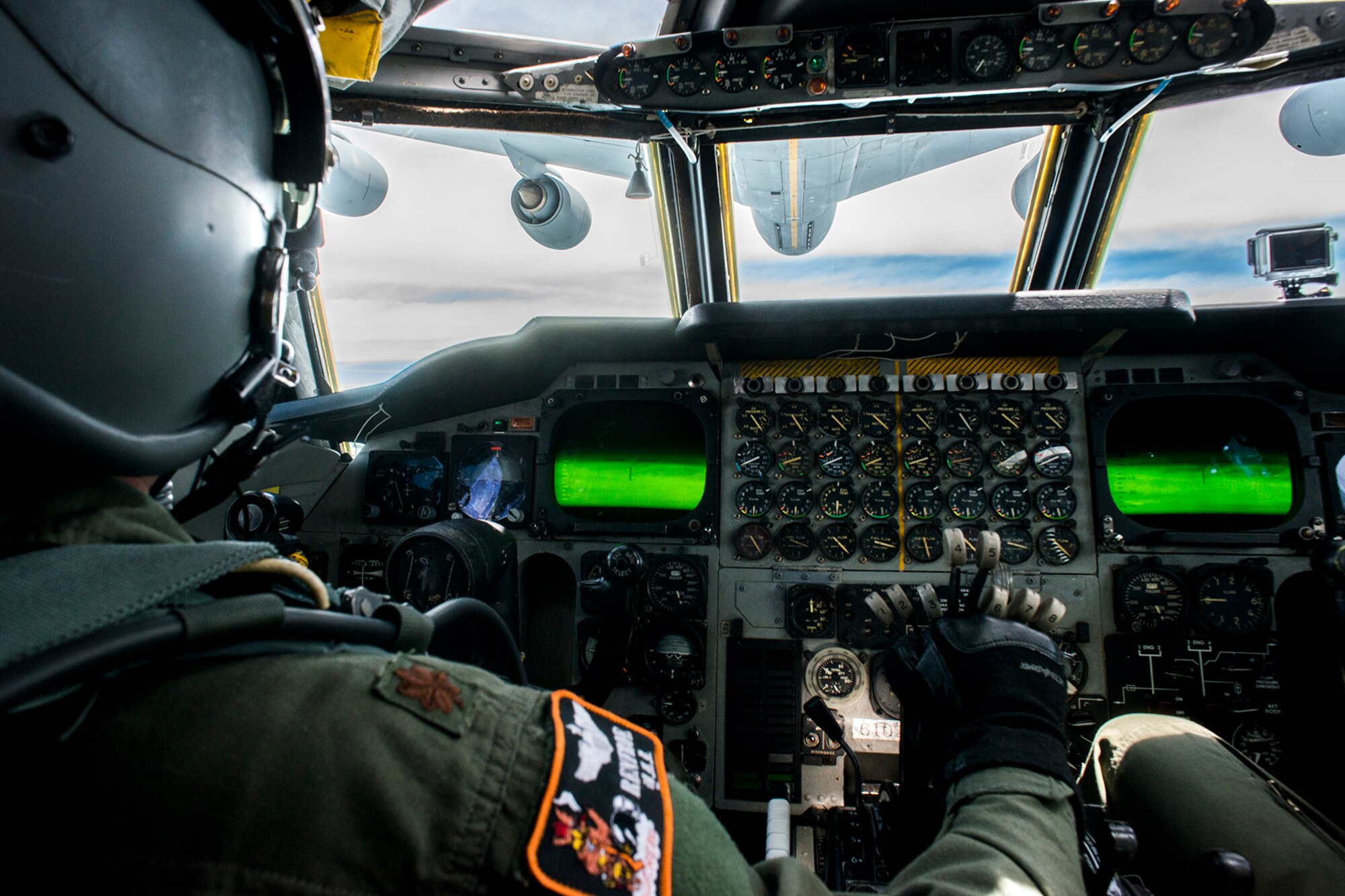 A B-52H Stratofortress pilot practices an aerial refueling with a KC-135 Stratotanker on July 10, Barksdale Air Force Base, La. The B-52 is assigned to the Air Force Reserve Command's 307th Bomb Wing, which hosts the only schoolhouse where Reserve and Active Duty aircrew learn to fly the B-52. (U.S. Air Force photo by Master Sgt. Greg Steele/Released)