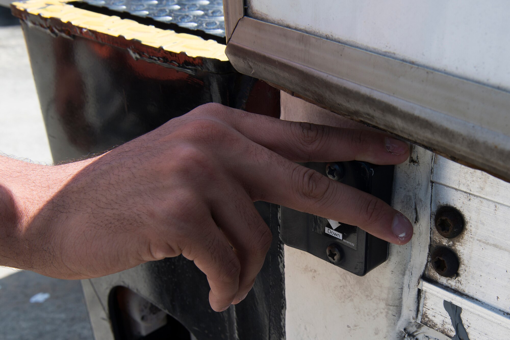 U.S. Air Force Airman 1st Class Grey Jackson, 23d Comptroller Squadron customer service technician, operates a lift on a delivery truck Aug. 5, 2015, at Moody Air Force Base, Ga. Jackson worked as part of the Bay Orderly Program for a week to maintain the dormitory building he lives in. (U.S. Air Force photo by Airman 1st Class Kathleen D. Bryant/ Released)
