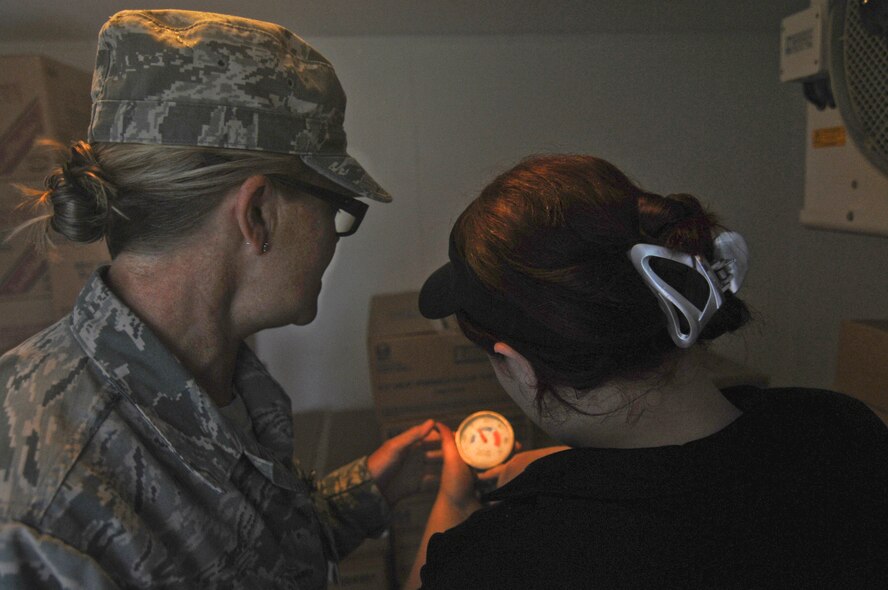 U.S. Air Force Master Sgt. Patricia Hughes, a public health technician with the New Jersey Air National Guard's 177th Medical Group, inspects the temperature inside of a freezer at one of the restaurants on Spangdahlem Air Base, Germany, Aug. 4. Public health technicians routinely inspect restaurants to ensure food being sold on base is safe. (U.S. Air National Guard photo by Senior Airman Shane S. Karp/Released)