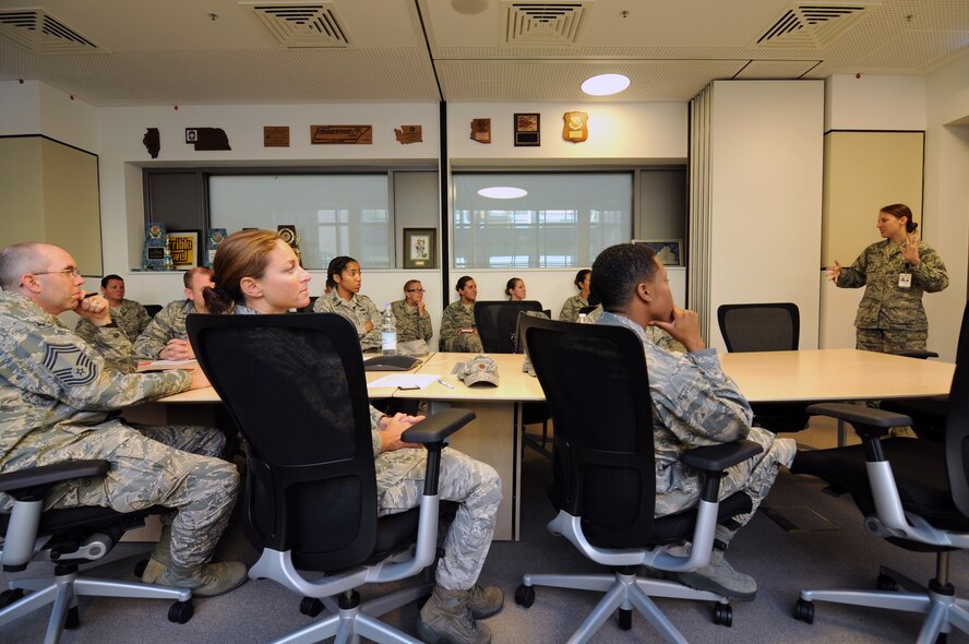 U.S. Air Force Airmen from the New Jersey Air National Guard's 177th Fighter Wing Medical Group are briefed by a member of the 52nd Medical Group at Spangdahlem Air Base, Germany, Aug. 3, as part of a two-week training mission with the 52nd. The guardsmen are working hand-in-hand with the active-duty force to sharpen their skills and ensure mission readiness. (U.S. Air National Guard photo by Senior Airman Shane S. Karp/Released)