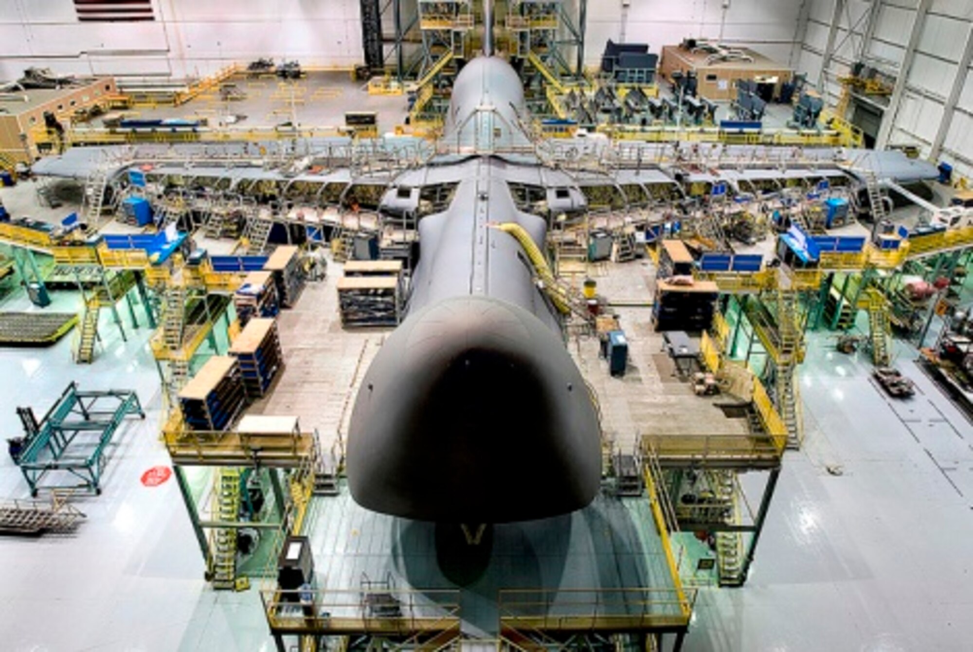 A C-5 Galaxy is seen in the process of conversion to a C-5M. The final C-5 from Travis Air Force Base, Calif., left the base Aug. 4 to depart for such conversion. The upgrades are expected to extend the life of the C-5 beyond the year 2040. (Lockheed Martin Aeronautics Company courtesy photo)