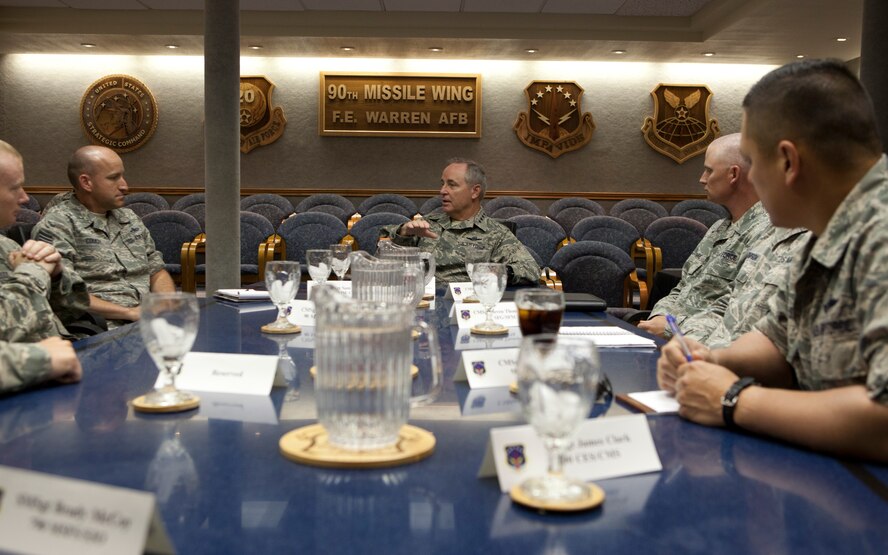 Air Force Chief of Staff Gen. Mark A. Welsh III meets with 90th Missile Wing's Top Three organization on F.E. Warren Air Force Base, Wyo., Aug. 4, 2015. Welsh visited Warren to reinforce nuclear mission responsibilities, demands and expectations to ensure the Air Force's nuclear deterrence mission complies with the rigorous standards the nuclear enterprise requires. (U.S. Air Force photo by Lan Kim)