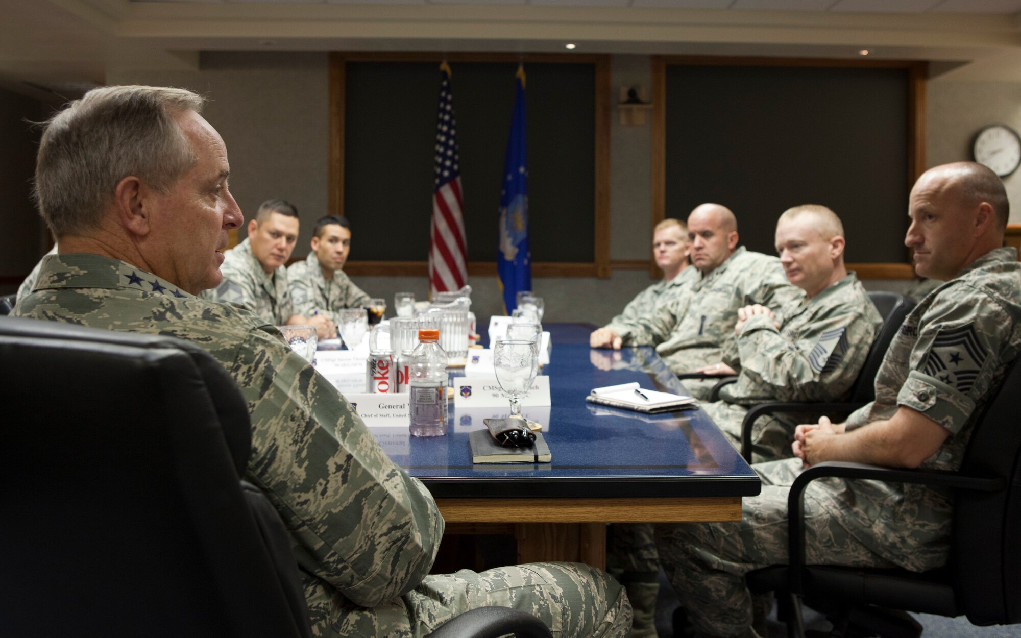 Air Force Chief of Staff Gen. Mark A. Welsh III meets with 90th Missile Wing's Top Three organization on F.E. Warren Air Force Base, Wyo., Aug. 4, 2015. Welsh visited Warren to reinforce nuclear mission responsibilities, demands and expectations to ensure the Air Force's nuclear deterrence mission complies with the rigorous standards the nuclear enterprise requires. (U.S. Air Force photo by Lan Kim)