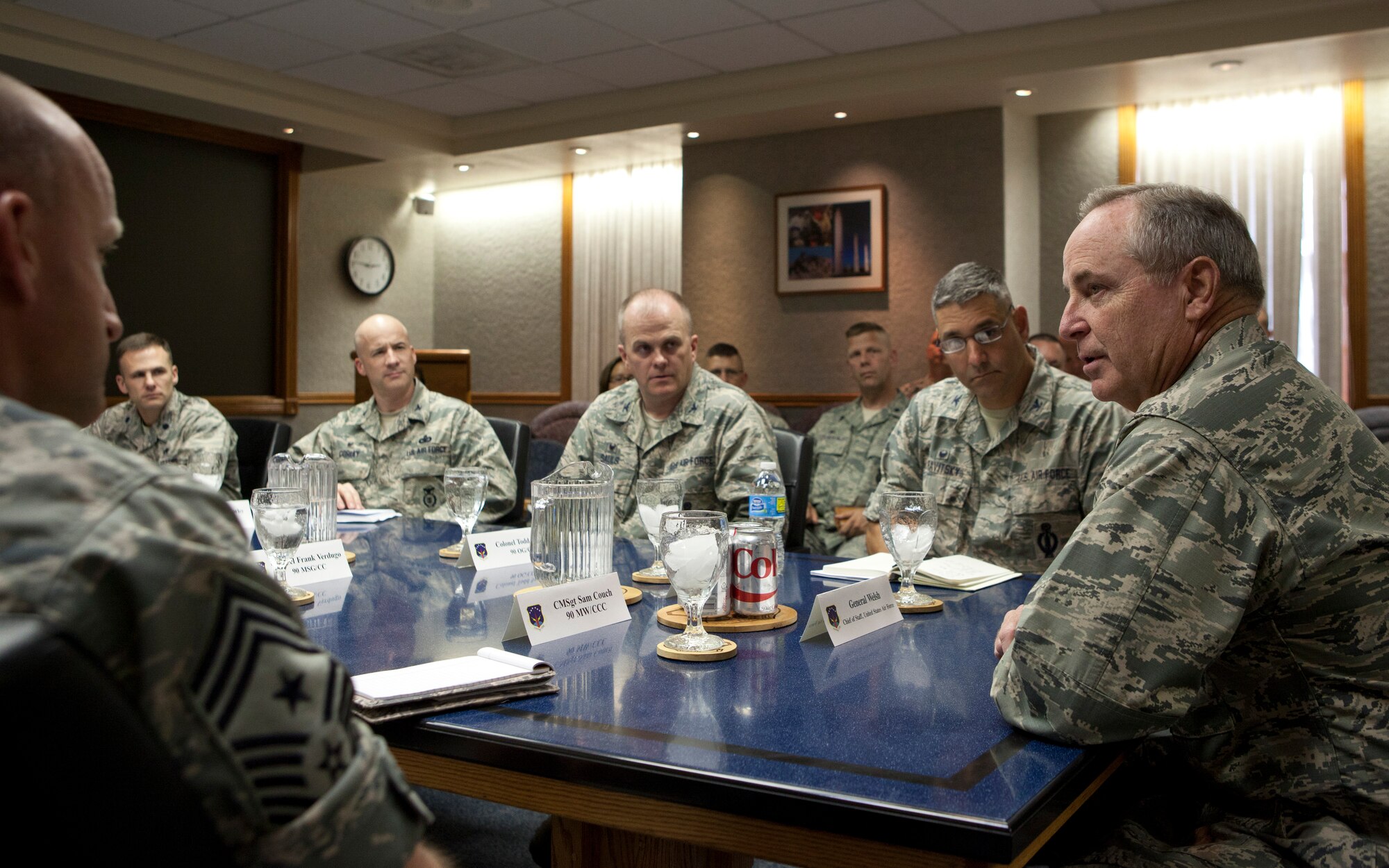 Air Force Chief of Staff Gen. Mark A. Welsh III meets with 90th Missile Wing leadership in a roundtable discussion on F.E. Warren Air Force Base, Wyo., Aug. 3, 2015. Welsh visited Warren to meet with leadership and reinforce nuclear mission responsibilities and expectations to ensure the rigorous standards of the nuclear enterprise are met. (U.S. Air Force photo by Lan Kim)