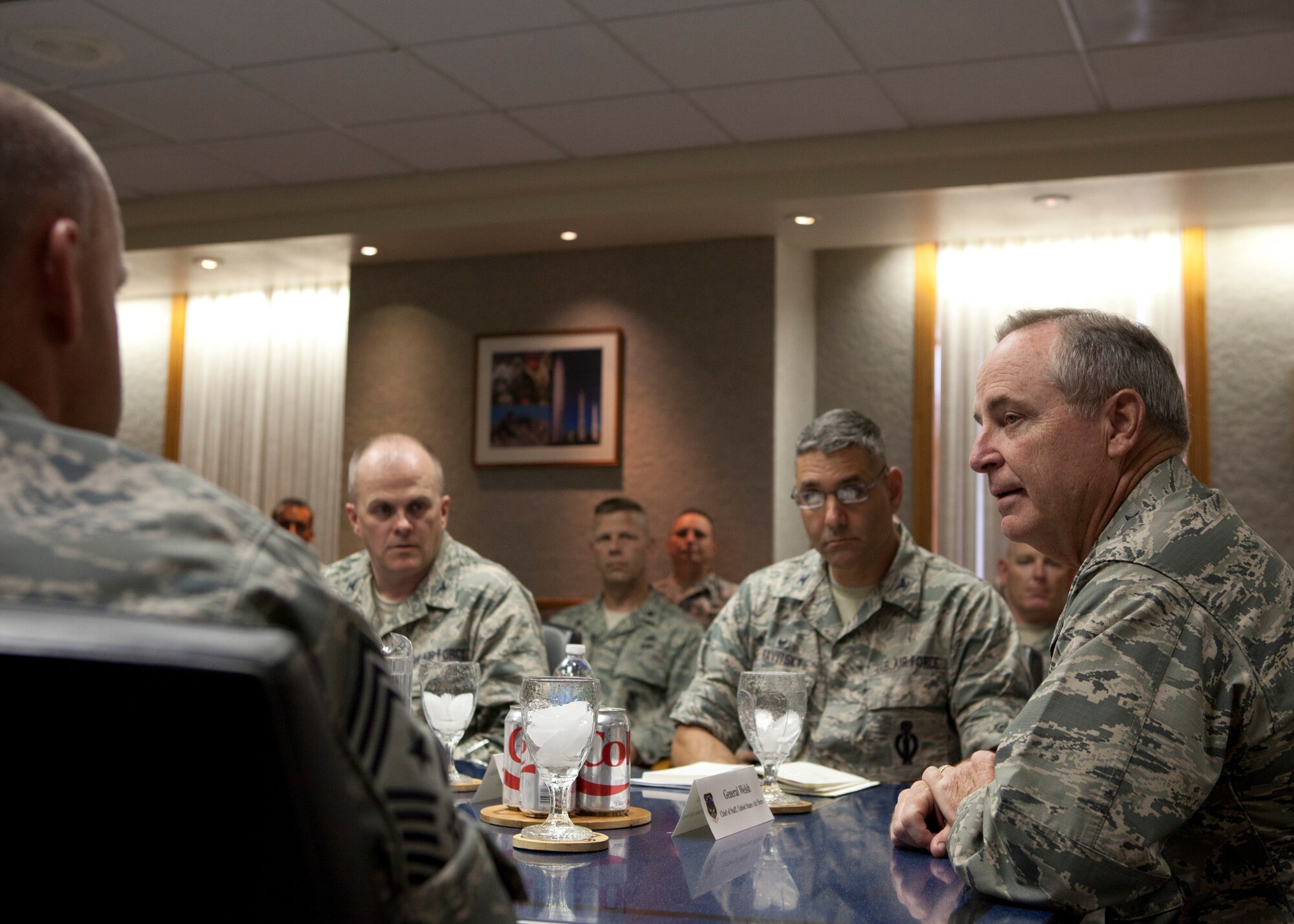 Air Force Chief of Staff Gen. Mark A. Welsh III meets with 90th Missile Wing leadership in a roundtable discussion on F.E. Warren Air Force Base, Wyo., Aug. 3, 2015. Welsh visited Warren to meet with leadership and reinforce nuclear mission responsibilities and expectations to ensure the rigorous standards of the nuclear enterprise are met. (U.S. Air Force photo by Lan Kim)
