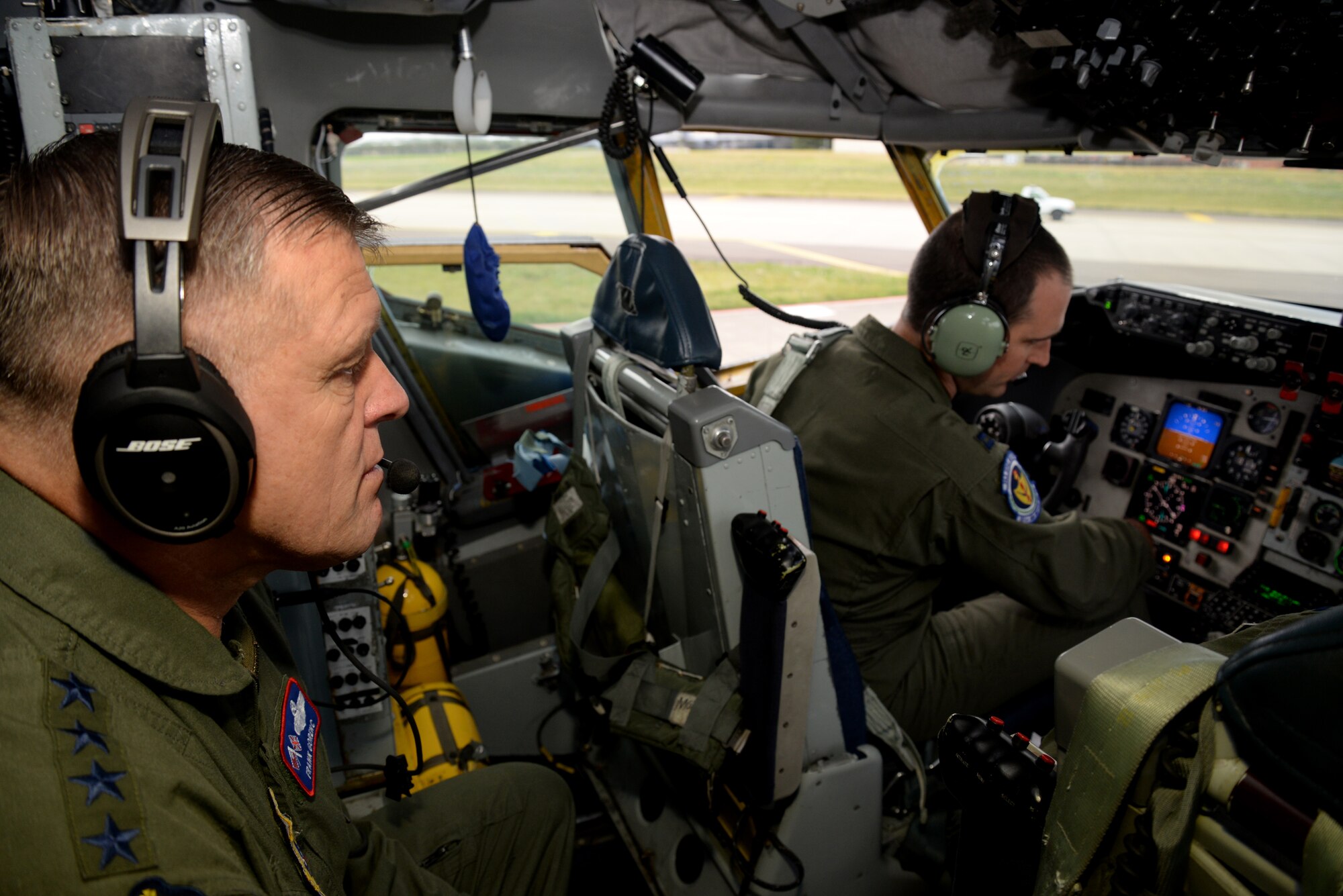 U.S. Air Force Gen. Frank Gorenc, U.S. Air Forces in Europe and Air Forces in Africa commander, observes preflight operations Aug. 5, 2015, prior to taking off on RAF Mildenhall, England. Gorenc and U.S. Air Force Chief Master Sgt. James Davis, USAFE-AFAFRICA command chief, rode in the flight deck to the air refueling area, then moved back to the boom pod to experience all aspects of the KC-135 Stratotanker. Aside from the refueling flight, they also visited several facilities and a variety of Airmen for a better understanding of Team Mildenhall and its mission. (U.S. Air Force photo by Senior Airman Kate Thornton/Released)