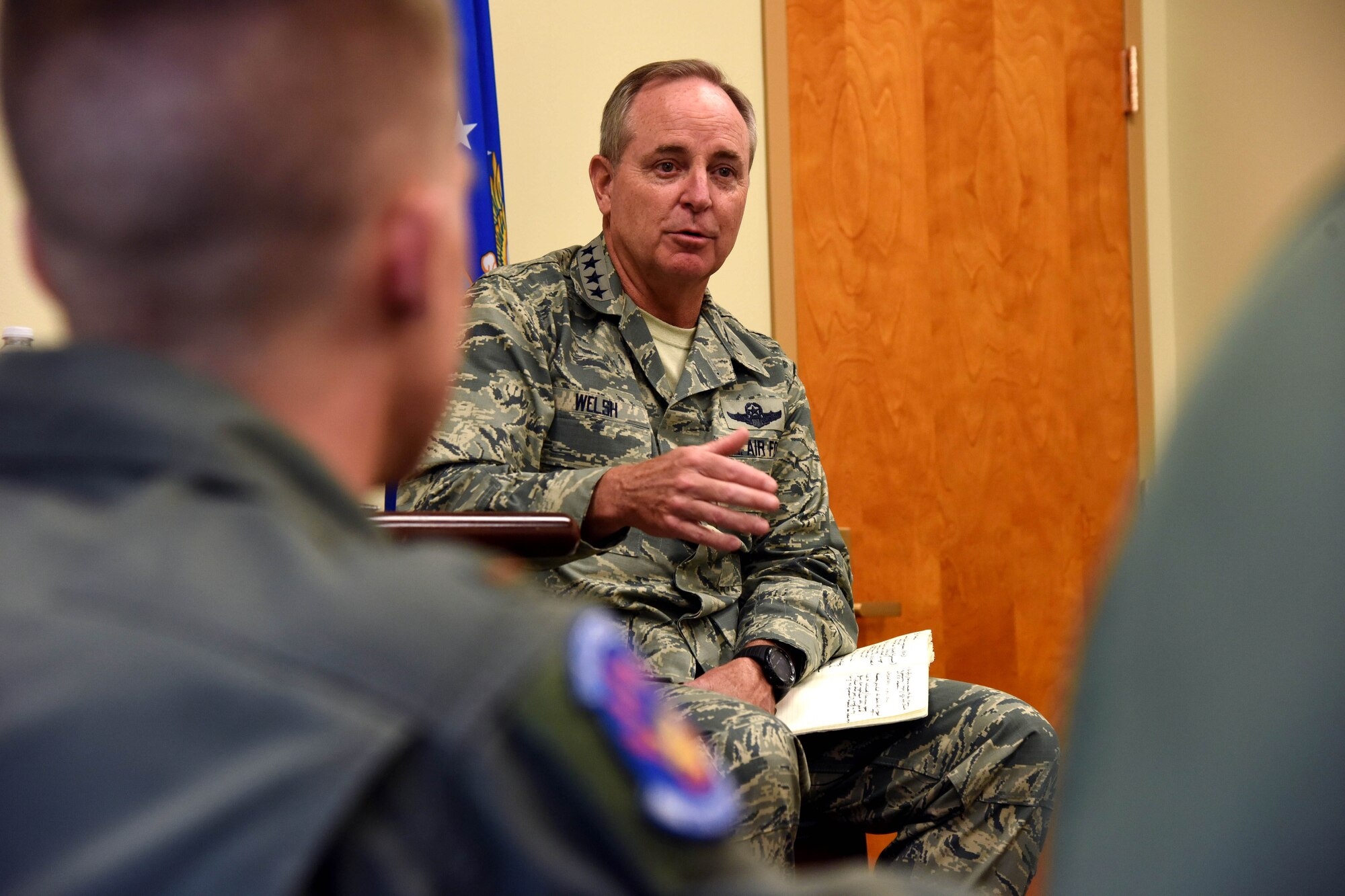 General Mark A. Welsh III, United States Air Force Chief of Staff, visited Malmstrom Air Force Base Aug. 3, 2015, to speak with junior and senior commanders regarding matters of morale and quality of life. During the visit, Welsh heard their opinions on recently implemented changes to the force and what they as local leaders believe is working. (U.S. Air Force photo/Airman 1st Class Collin Schmidt)