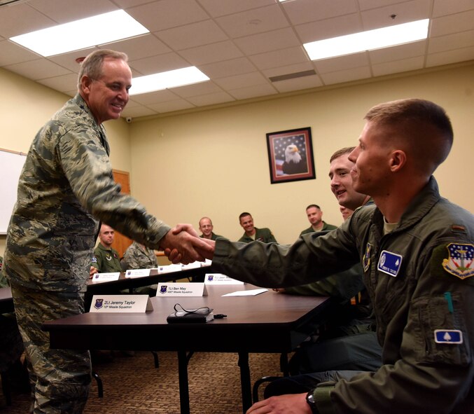 General Mark A. Welsh III, United States Air Force Chief of Staff, visited Malmstrom Air Force Base Aug. 3, 2015, to speak with junior and senior commanders regarding matters of morale and quality of life. During the visit, Welsh heard their opinions on recently implemented changes to the force and what they as local leaders believe is working. (U.S. Air Force photo/Airman 1st Class Collin Schmidt)