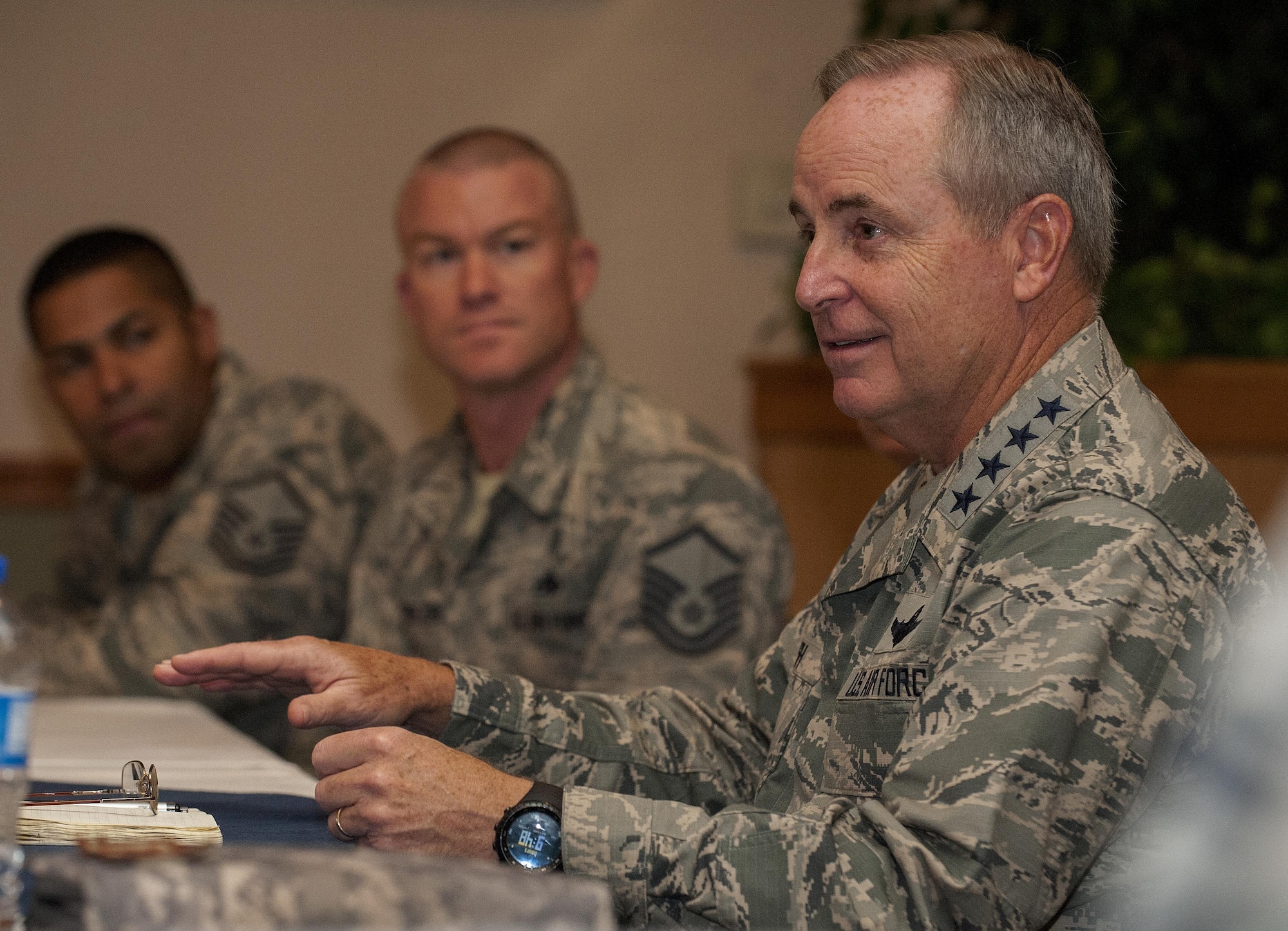 Air Force Chief of Staff Gen. Mark A. Welsh III talks with Airmen during a visit to the 5th Bomb Wing and 91st Missile Wing at Minot Air Force Base, N.D., Aug. 5, 2015.  While visiting the base, Welsh met with 5th Bomb Wing and 91st Missile Wing maintainers, members of security force units and senior staff in an effort to gain perspective on the current status of the nuclear enterprise. (U.S. Air Force photo/Senior Airman Stephanie Morris)