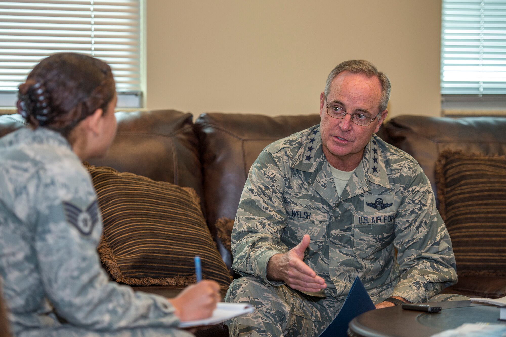 Air Force Chief of Staff Gen. Mark A. Welsh III is interviewed by Staff Sgt. Malia Jenkins, 5th Bomb Wing Public Affairs NCO in charge, Command Information, at Minot Air Force Base, N.D., Aug. 5, 2015.  Welsh is the 20th Chief of Staff of the U.S. Air Force and serves as the senior uniformed Air Force officer responsible for the organization, training and equipping of 664,000 active-duty, guard, reserve and civilian forces serving in the United States and overseas. (U.S. Air Force photo/Airman 1st Class Justin T. Armstrong)