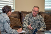 Air Force Chief of Staff Gen. Mark A. Welsh III is interviewed by Staff Sgt. Malia Jenkins, 5th Bomb Wing Public Affairs NCO in charge, Command Information, at Minot Air Force Base, N.D., Aug. 5, 2015.  Welsh is the 20th Chief of Staff of the U.S. Air Force and serves as the senior uniformed Air Force officer responsible for the organization, training and equipping of 664,000 active-duty, guard, reserve and civilian forces serving in the United States and overseas. (U.S. Air Force photo/Airman 1st Class Justin T. Armstrong)