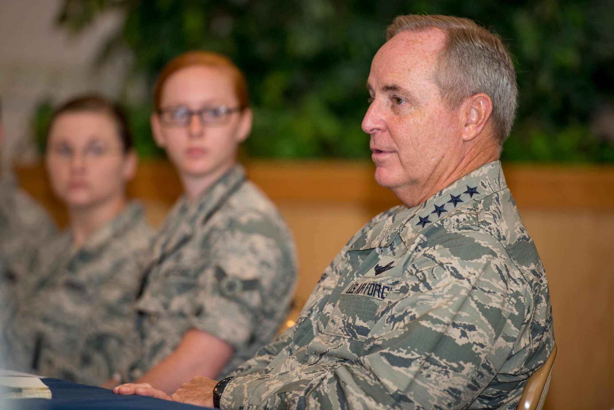 Air Force Chief of Staff Gen. Mark A. Welsh III talks with Airmen during a visit to the 5th Bomb Wing and 91st Missile Wing at Minot Air Force Base, N.D., Aug. 5, 2015.  While visiting the base, Welsh met with 5th Bomb Wing and 91st Missile Wing maintainers, members of security force units and senior staff in an effort to gain perspective on the current status of the nuclear enterprise. (U.S. Air Force photo/Airman 1st Class Justin T. Armstrong)