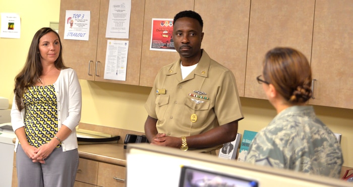 CMDCM(SS/AW) Michael Jackson, Navy Region Southeast, visited the Joint Base Charleston, SC Emergency Operations Center on August 4, 2015. Master Chief Jackson provided career advice to the EOC military staff. 