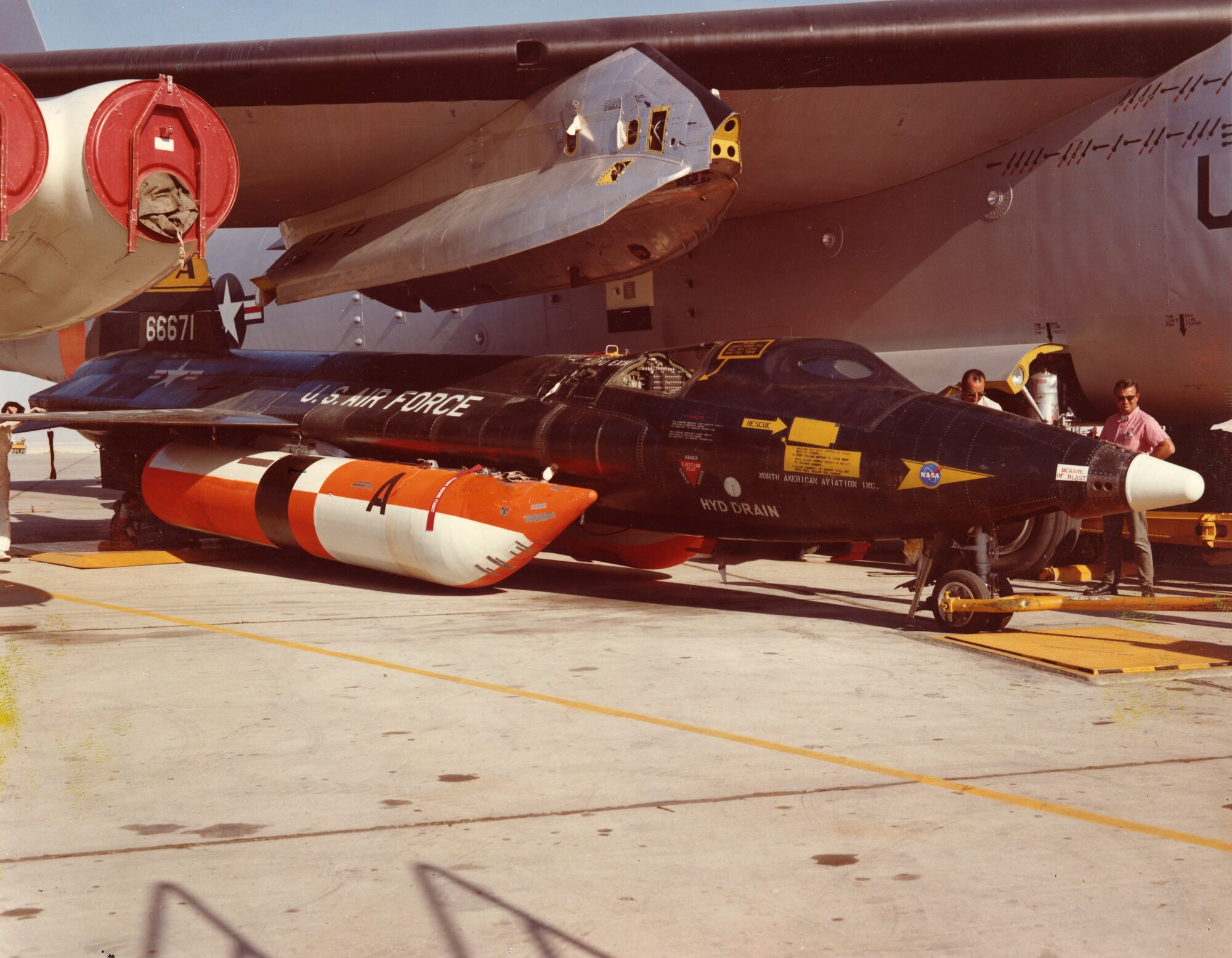 The second X-15 rocket plane (56-6671) is shown with two external fuel tanks which were added during its conversion to the X-15A-2 configuration in the mid-1960's. (U.S. Air Force photo)
