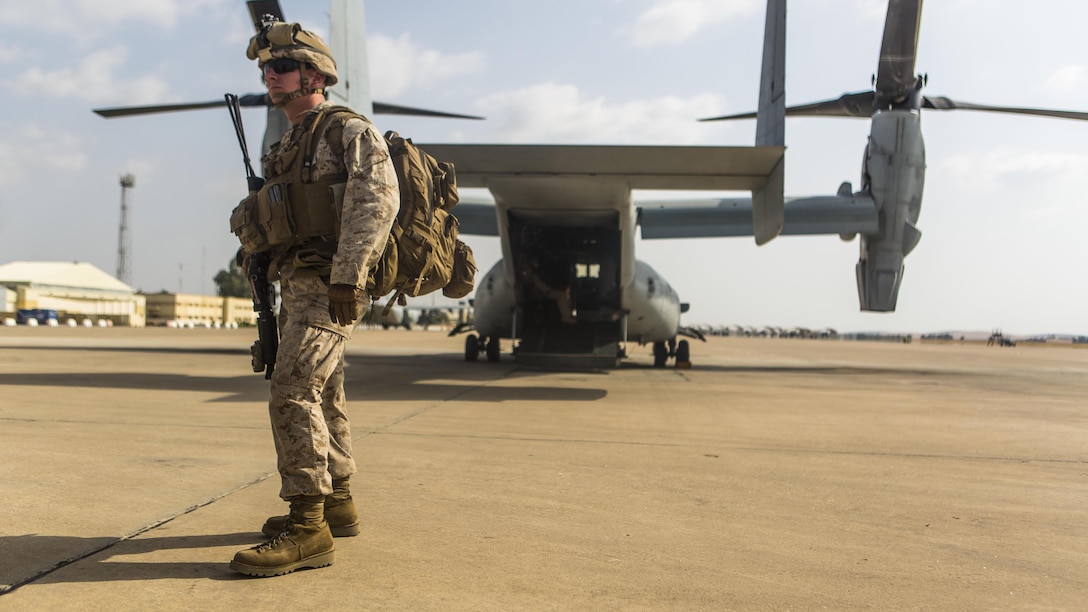 1st Lt. John B. Porter, a platoon commander with Special-Purpose Marine Air-Ground Task Force Crisis Response-Africa, prepares to board an MV-22B Osprey during a Tactical Recovery of Aircraft and Personnel Mission Exercise aboard Morón Air Base, Spain, August 3. SPMAGTF-CR-AF’s crisis response force capability requires Marines to be ready to respond within six hours of an alert in support of U.S. Africa Command.