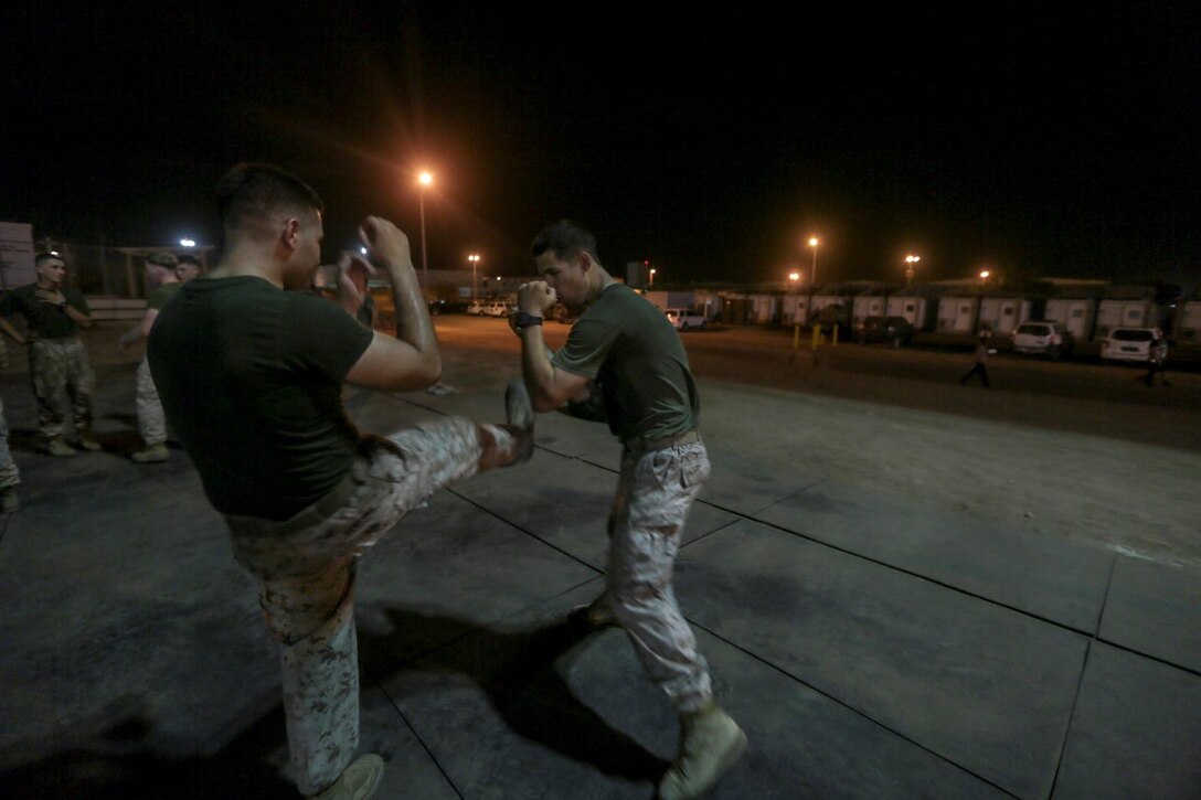 CAMP LEMONNIER, Djibouti (Aug. 2, 2015) U.S. Navy Hospital Corpsman 2nd Class Devin McGuire, left, and U.S. Marine Cpl. William Bowling, right, practice unarmed-combat techniques during a Marine Corps Martial Arts Program course.  Bowling and McGuire are both members of India Company, Battalion Landing Team 3rd Battalion, 1st Marine Regiment, 15th Marine Expeditionary Unit.  Elements of the 15th MEU are ashore in Djibouti for sustainment training to maintain and enhance the skills they developed during their pre-deployment training period.  The 15th MEU is currently deployed in support of maritime security operations and theater security cooperation efforts in the U.S. 5th Fleet area of operations. (U.S. Marine Corps photo by Sgt. Jamean Berry/Released)