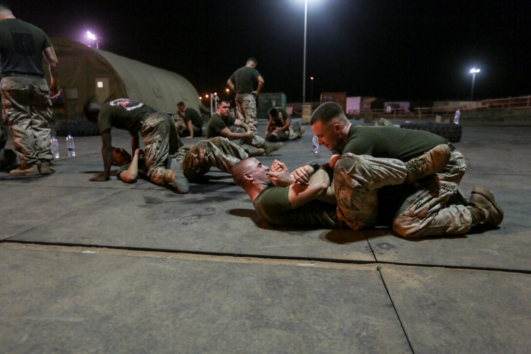 CAMP LEMONNIER, Djibouti (Aug. 2, 2015)  U.S. Marines with India Company, Battalion Landing Team 3rd Battalion, 1st Marine Regiment, 15th Marine Expeditionary Unit, practice unarmed-combat techniques during a Marine Corps Martial Arts Program course.  Elements of the 15th MEU are ashore in Djibouti for sustainment training to maintain and enhance the skills they developed during their pre-deployment training period.  The 15th MEU is currently deployed in support of maritime security operations and theater security cooperation efforts in the U.S. 5th Fleet area of operations. (U.S. Marine Corps photo by Sgt. Jamean Berry/Released)