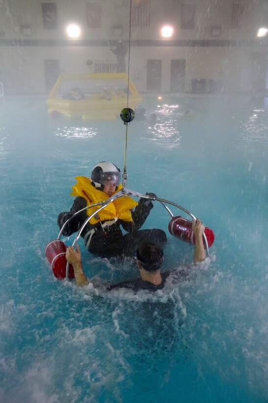 Sgt. Rachel Lablance participates in water survival training at Marine Corps Air Station Cherry Point, North Carolina, July 28, 2015. The Aviation Survival Training Center is the only water survival facility on any Marine Corps installation on the East Coast. Naval aviators are given classes on protocol and the gear they use in case of an emergency on an aircraft. The skills they learn in ASTC ensure 2nd Marine Aircraft Wing, its aviators and crew members are qualified and maintain the highest state of readiness. Lablance is an aircraft structures mechanic with Marine Transport Squadron 1.