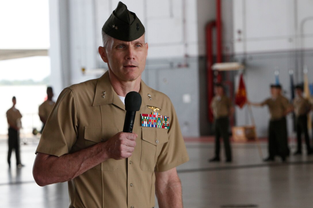 Major Gen. Gary L. Thomas gives remarks following an assumption of command ceremony at Marine Corps Air Station, Cherry Point, North Carolina, Aug. 7, 2015. Thomas is the commanding general of 2nd Marine Aircraft Wing.