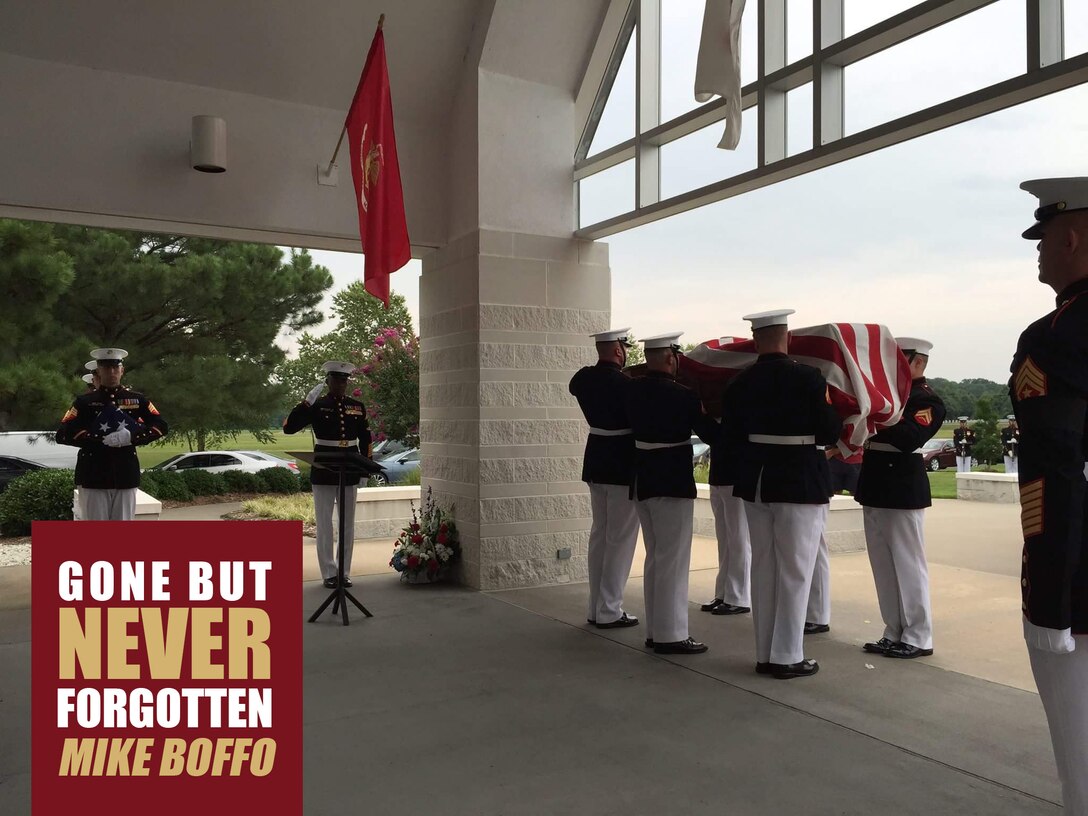 Marines from Marine Barracks Washington, D.C., laid to rest one of their own, Mike Boffo, at Albert G. Horton Jr. Memorial Veterans Cemetery in Suffolk, Va., Aug. 6, 2015.“Mike was fighter, all the way to the end,” said Sgt. Maj. Joseph Gray. “The Marines of Marine Barracks, Washington, D.C. honored him with their steadfast loyalty, discipline, and absolute ceremonial excellence today.  In my 25 years of service, I could not have been any prouder or more humbled by a group of Marines, than I was today.”